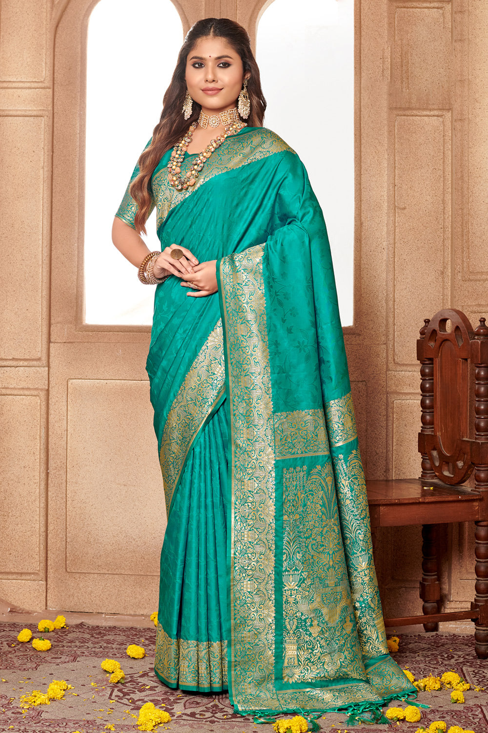 Turquoise Banarasi Silk Saree With Blouse