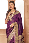 Purple Banarasi Silk Saree With Blouse