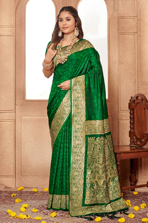 Forest Green Banarasi Silk Saree With Blouse