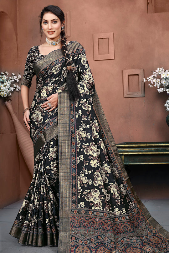 Jet Black Digital Print Saree