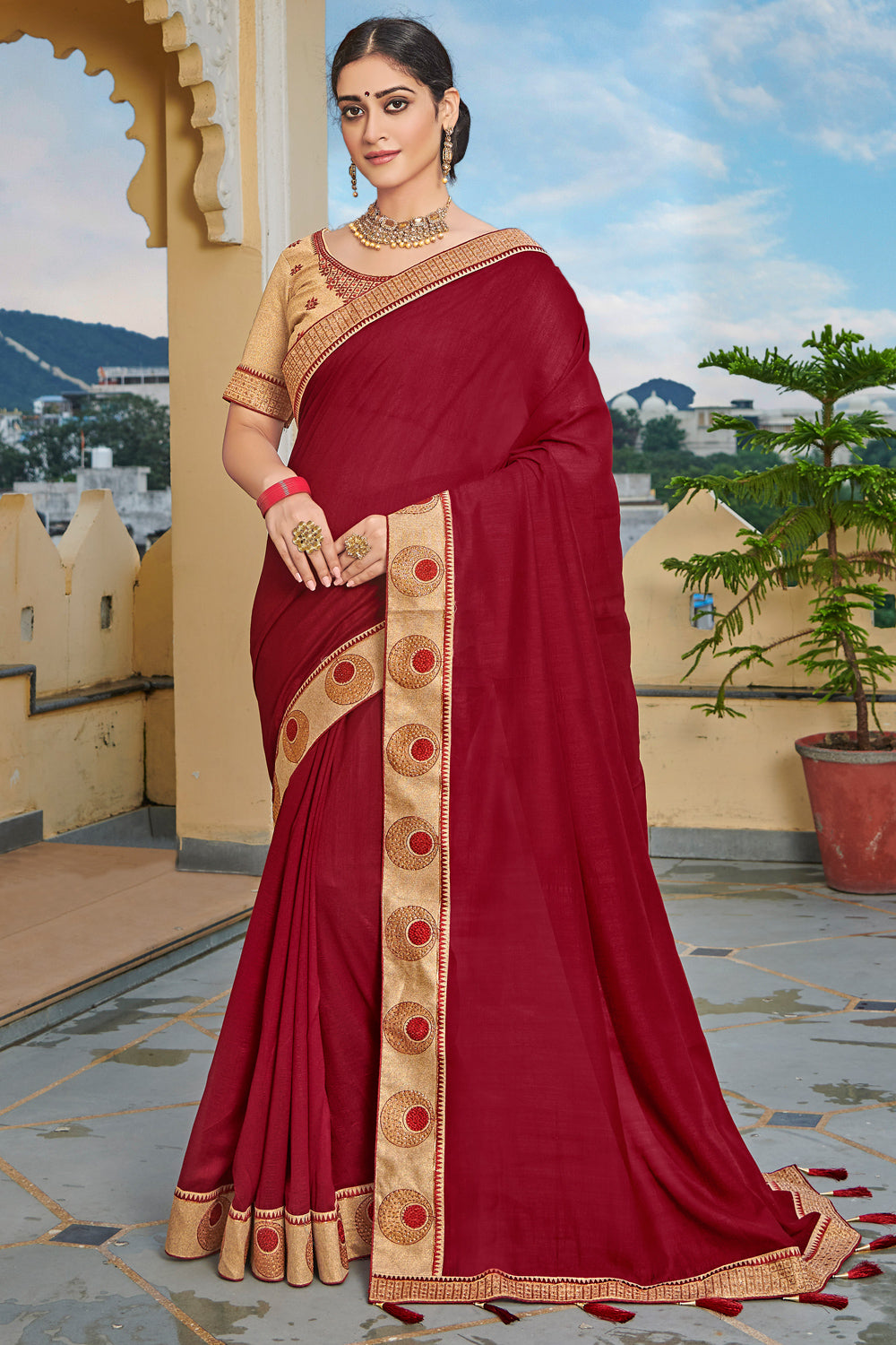 Buy YURENUS FASHION Women's Kanchipuram Silk Kanchi Pattu Saree With plain  Blouse (dark maroon) at Amazon.in