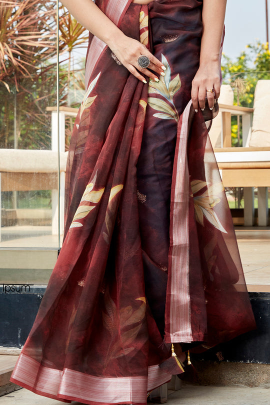Dark Maroon Organza Saree
