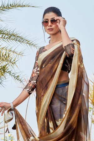 Chocolate Brown Organza Saree