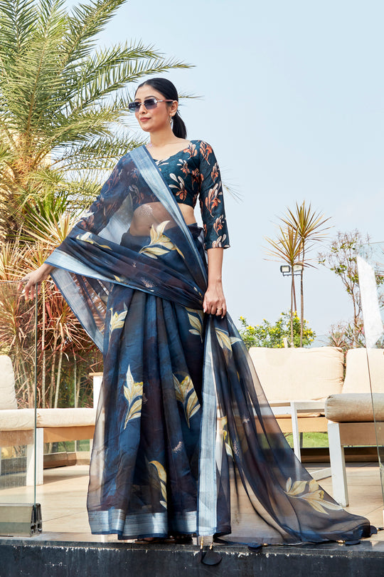 Navy Blue Organza Saree