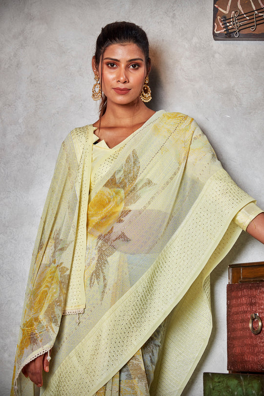 Lemon Yellow Georgette Saree