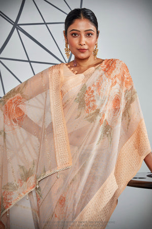 Cantaloupe Peach Georgette Saree