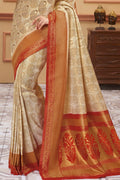 Rustic beige red handcrafted kanjivaram Saree - Buy online on Karagiri - Free shipping to USA
