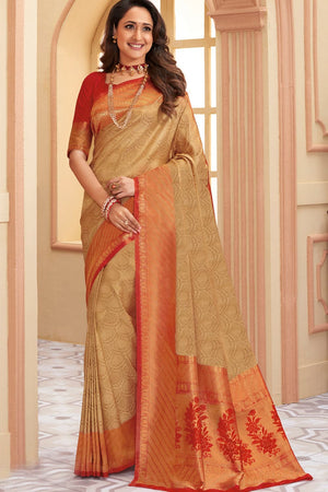 Golden Red Handcrafted Kanjivaram Saree With Temple Woven Border