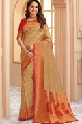 Golden red handcrafted kanjivaram Saree with temple woven border - Buy online on Karagiri - Free shipping to USA