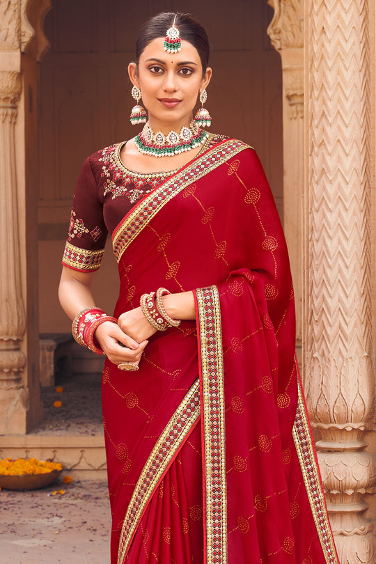 Crimson Red Satin Chiffon Saree