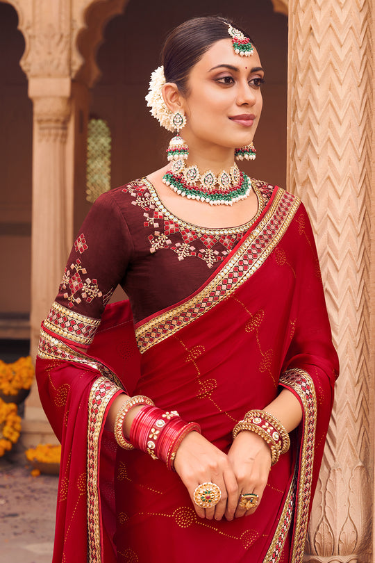 Crimson Red Satin Chiffon Saree