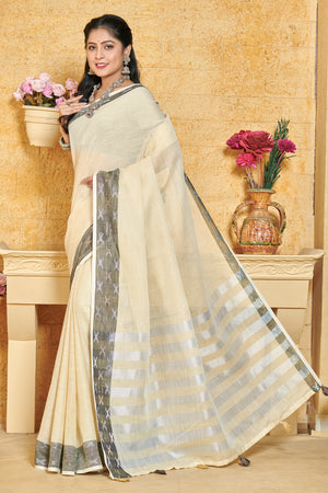 Off White Linen Blend Saree