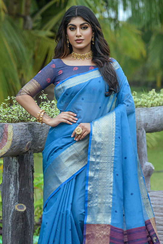 Blue And Violet Cotton Linen Blend Saree