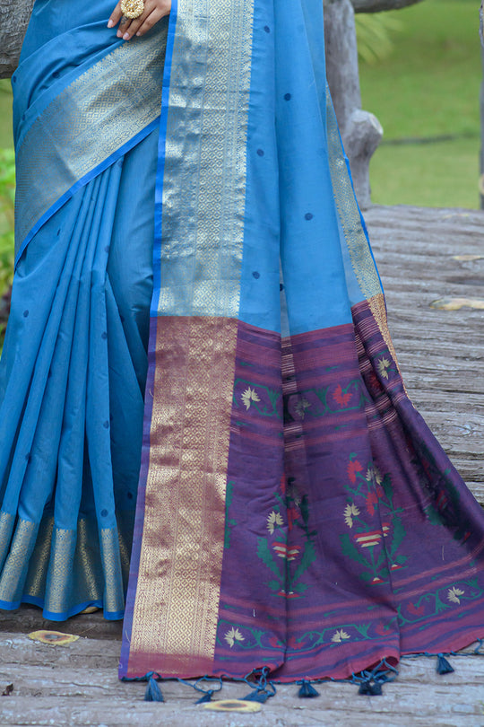 Blue And Violet Cotton Linen Blend Saree