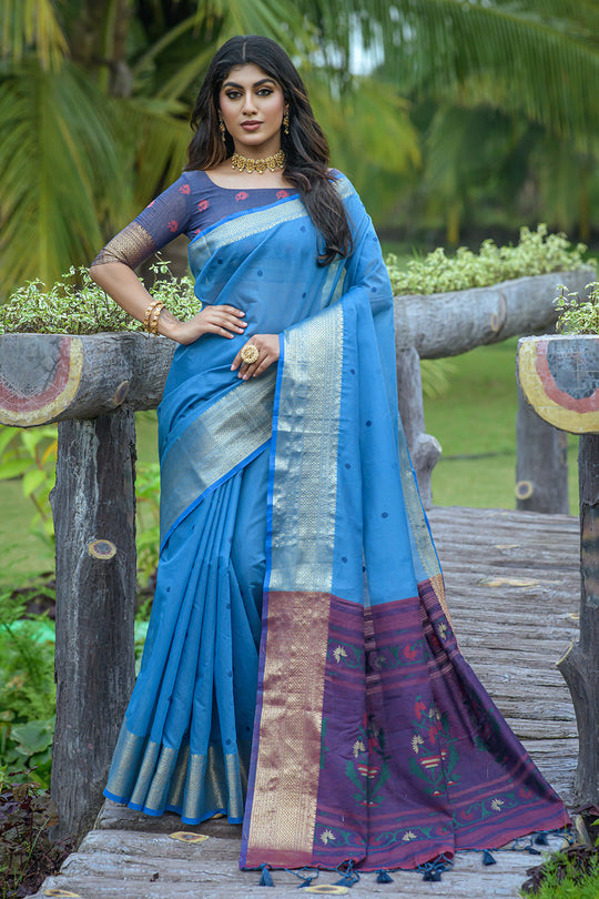 Blue And Violet Cotton Linen Blend Saree
