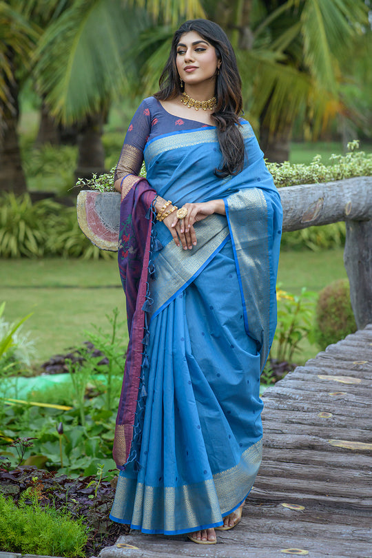 Blue And Violet Cotton Linen Blend Saree