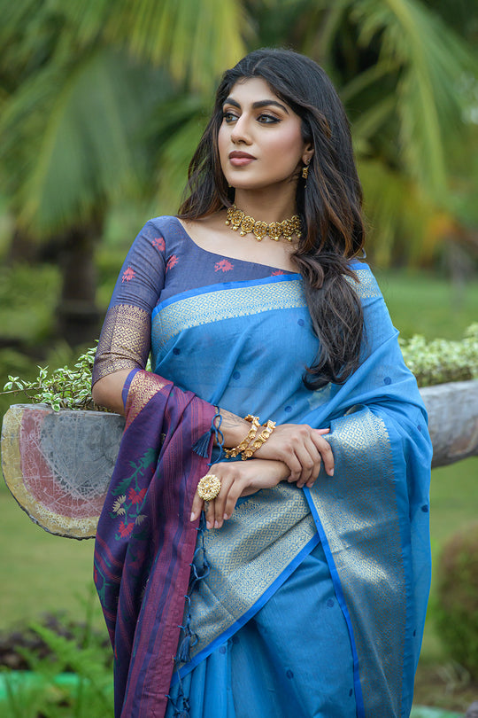 Blue And Violet Cotton Linen Blend Saree