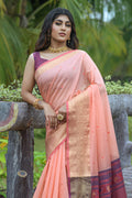 Peach And Violet Cotton Linen Blend Saree