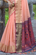 Peach And Violet Cotton Linen Blend Saree