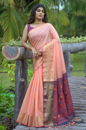 Peach And Violet Cotton Linen Blend Saree