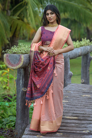 Peach And Violet Cotton Linen Blend Saree
