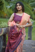 Peach And Violet Cotton Linen Blend Saree