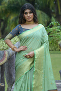 Mint Green Cotton Linen Blend Saree