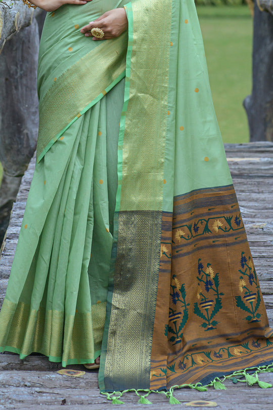 Mint Green Cotton Linen Blend Saree