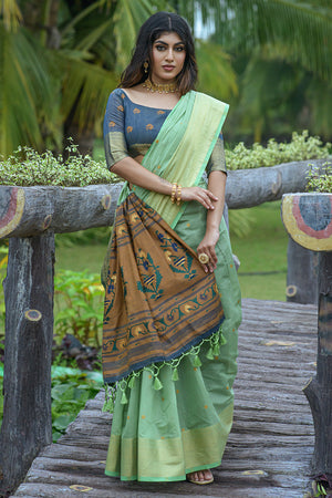 Mint Green Cotton Linen Blend Saree