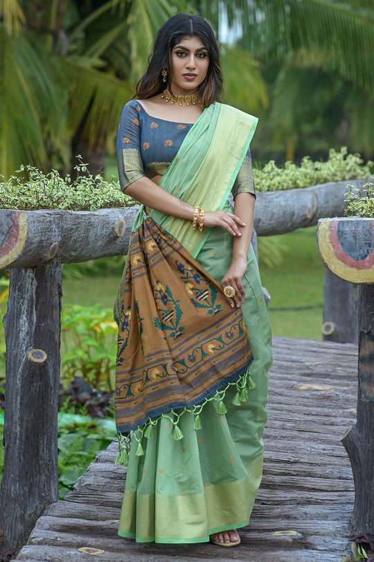 Mint Green Cotton Linen Blend Saree