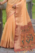 Cantaloupe Orange Cotton Linen Blend Saree