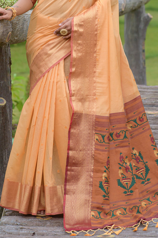 Cantaloupe Orange Cotton Linen Blend Saree