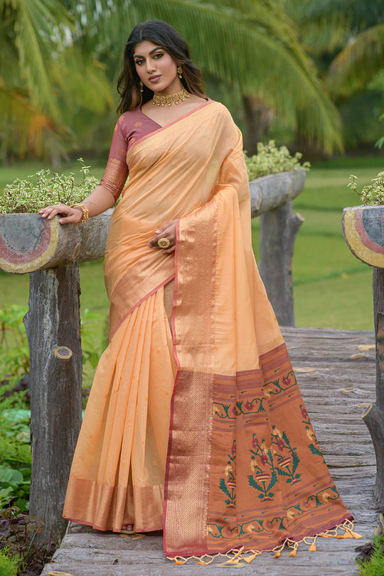 Cantaloupe Orange Cotton Linen Blend Saree