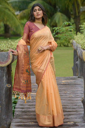 Cantaloupe Orange Cotton Linen Blend Saree