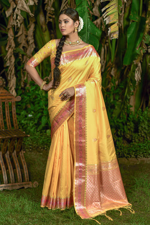 Lemon Yellow Banarasi Saree