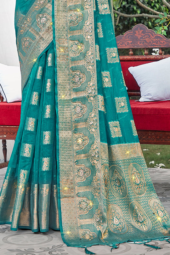 Teal Blue Organza Saree