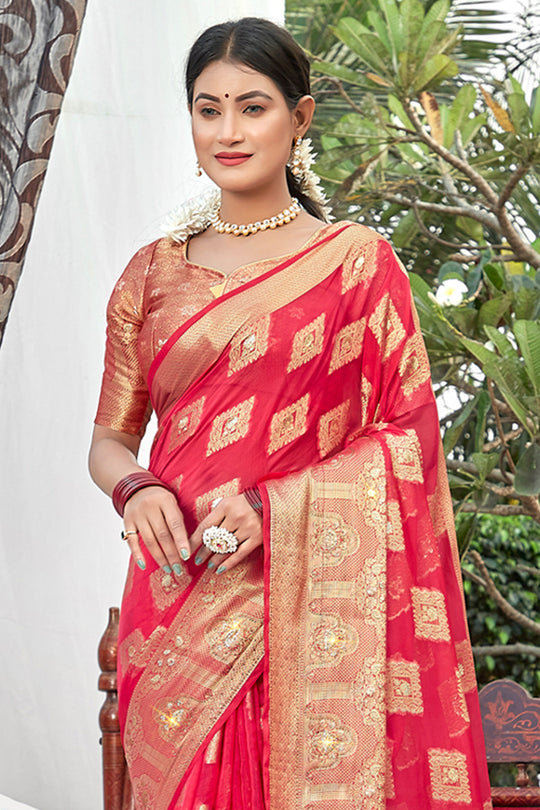 Taffy Red Organza Saree