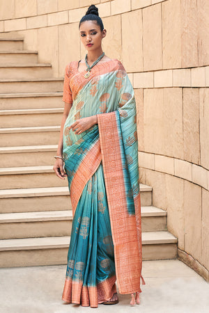 Sky Blue And Brown Digital Print Saree