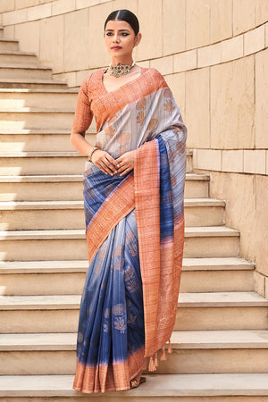 Cerulean Blue And Brown Digital Print Saree