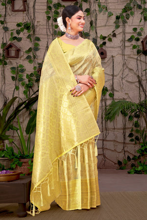 Lemon Yellow Organza Saree