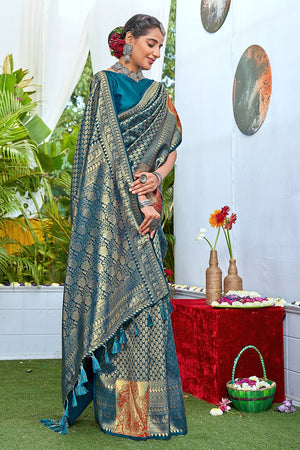 Ocean Blue Kanjivaram Saree
