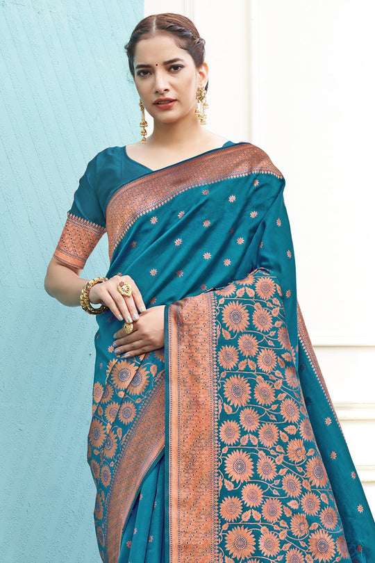 Teal Blue Silk Saree