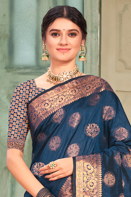 Space Blue Cotton Silk Saree