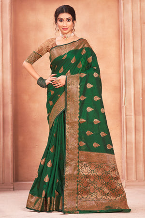 Bottle Green Cotton Silk Saree