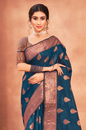 Space Blue Cotton Silk Saree