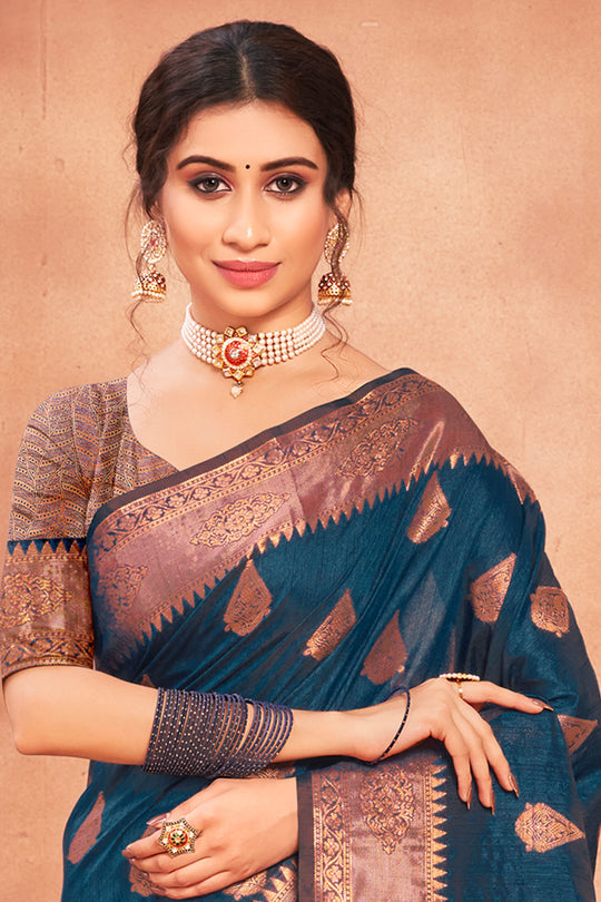 Space Blue Cotton Silk Saree