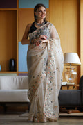 Ivory Beige Organza Saree