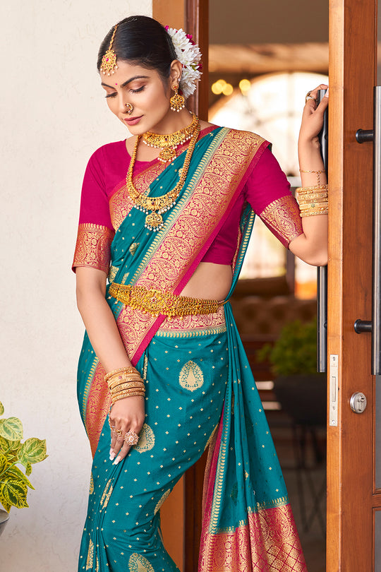 Teal Blue Crepe Silk Saree