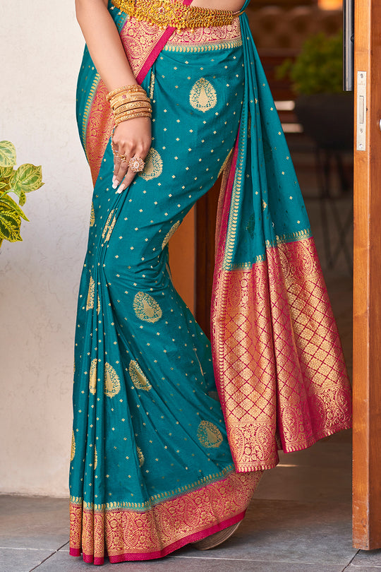 Teal Blue Crepe Silk Saree
