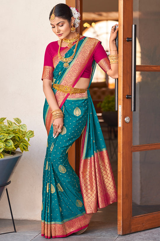 Teal Blue Crepe Silk Saree